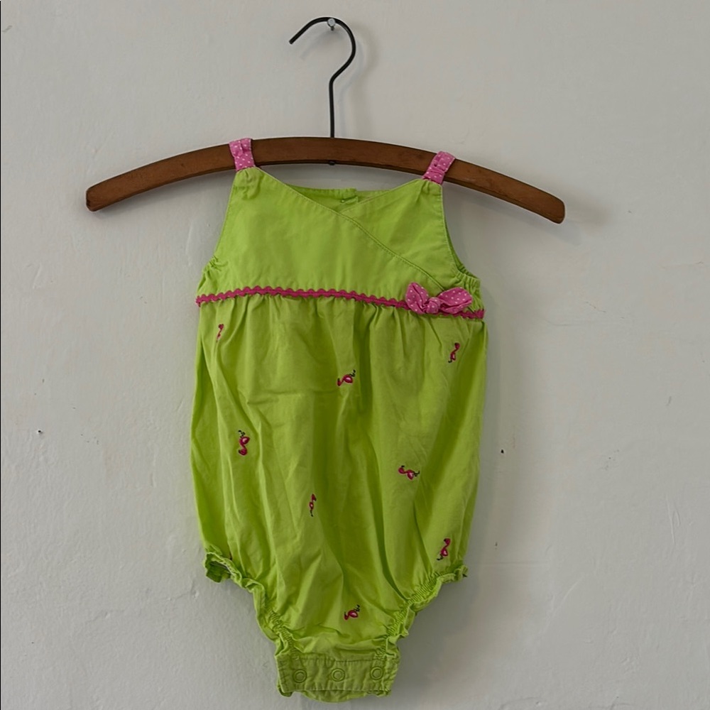 Green Baby Romper with Pink Embroidered Details